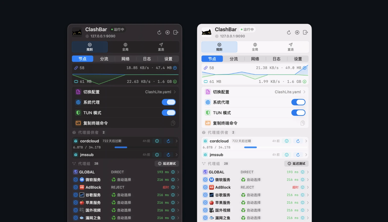 ClashBar macOS 节点管理工具界面展示，支持订阅导入与节点切换