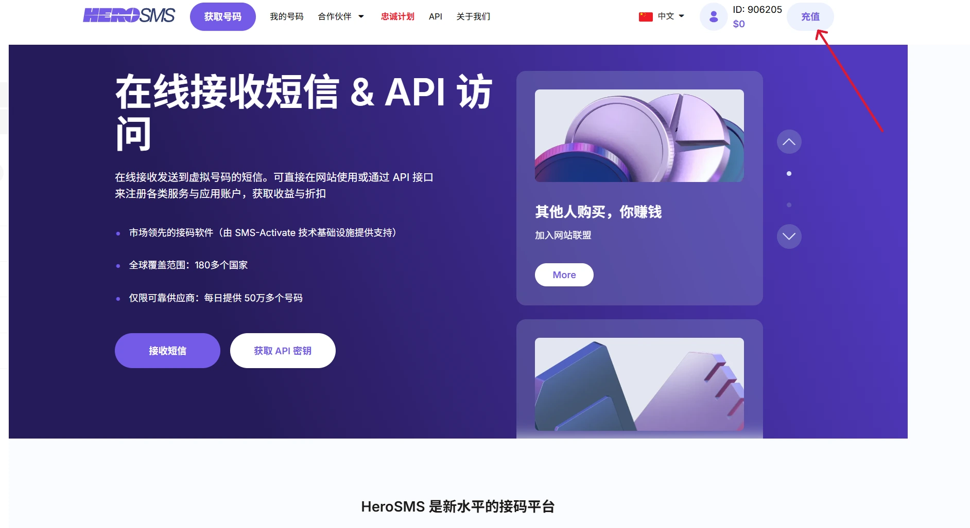 HeroSMS 首页右上角充值按钮位置示意