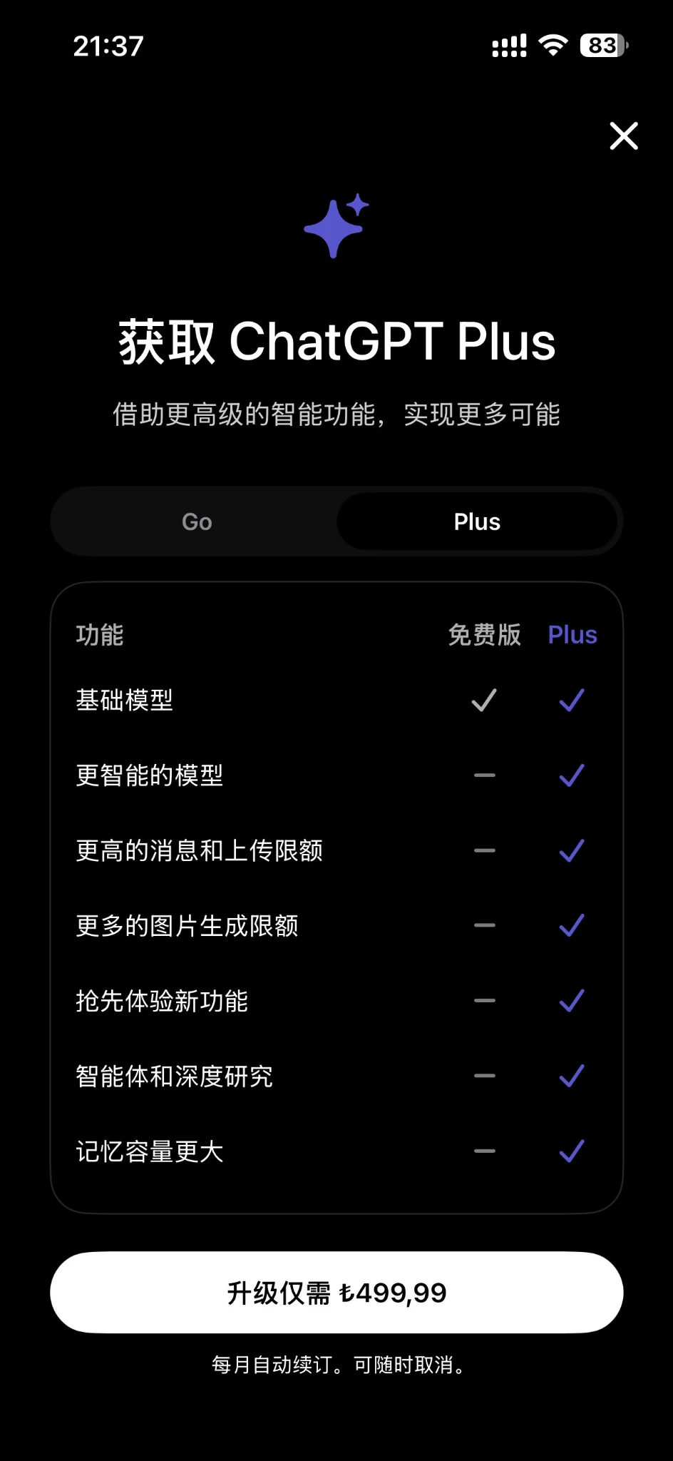 ChatGPT Plus 土耳其区升级价格 499.99 里拉